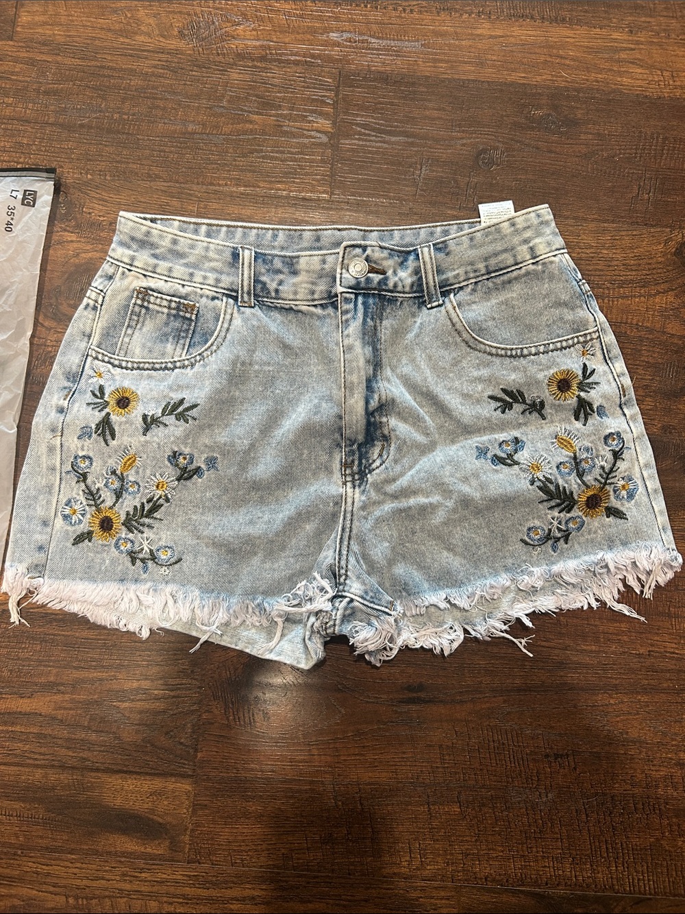 New SHEIN Light Wash Denim Shorts with Yellow Floral Embroidery